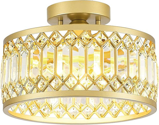 Crystal Ceiling Light Fixture, Modern Semi Flush Mount Ceiling Light, Gold Lighting Fixtures Ceiling Lamp for Hallway, Kitchen, Entryway, Bedroom, Laundry Room, 1-Light, 11.4 Inch