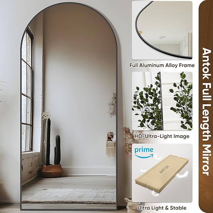 Full Length Mirror, 68"x26" Floor Mirror, Floor Standing Freestanding Arch Full Body Mirror with Stand for Bedroom, Hanging Mounted for Living Room Cloakroom, Black