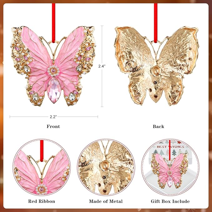 PETCEE Butterfly Ornament 2025 - Pink Butterfly Hanging Ornaments for Christmas Tree Decorations Monarch Butterflies Christmas Ornaments Keepsake Gifts for Girls Daughter Sister Mother Granddaughter