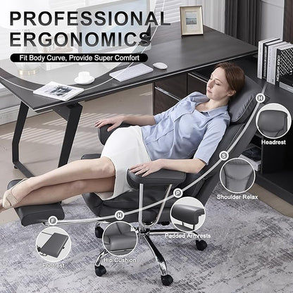 Big and Tall Office Chair, Ergonomic Leather High Back Executive Computer Desk Chair with Retractable Footrest and Padded Arms, 360°Swivel Free, 90-135°Reclining, 500lbs Wide Seat, Gray