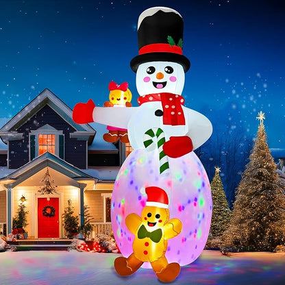 AerWo 14FT Giant Christmas Inflatable Outdoor Decoration, Christmas Blow Ups Yard Decorations Snowman with Gingerbread Man Inflatables, Christmas Inflatables with Rotating LEDs for Lawn Xmas Decor