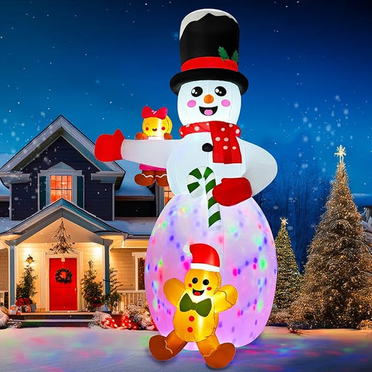 AerWo 14FT Giant Christmas Inflatable Outdoor Decoration, Christmas Blow Ups Yard Decorations Snowman with Gingerbread Man Inflatables, Christmas Inflatables with Rotating LEDs for Lawn Xmas Decor