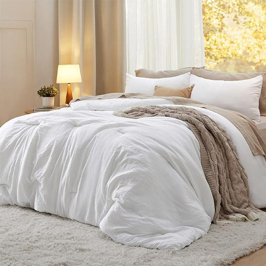 Bedsure California King Size Comforter Set, White Soft Prewashed Bedding for All Seasons, 3 Pieces GentleSoft™ Down Alternative Bed Set, 1 Lightweight Comforter (104"x96") and 2 Pillowcases (20"x36")