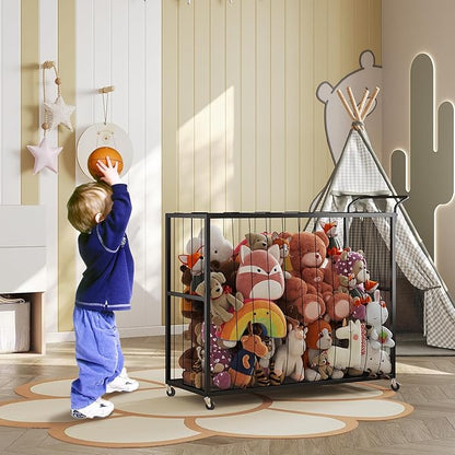 BBLIKE Stuffed Animal Storage Tower Rolling Cart - Zoo Cage Organizer for Kids' Plush Toys - Extra Large Storage Holder for Stuffy, Plushies & More in Playroom or Bedroom, 214L, Black