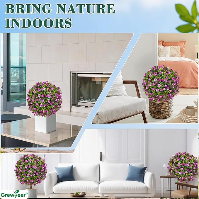 Artificial Topiary Ball with Ground Spike Set of 2, Faux Boxwoods for Outdoor Planters, UV Resistant Artificial Outdoor Plants for Porch, Fake Bushes Round Flower Shrub with Purple Rose
