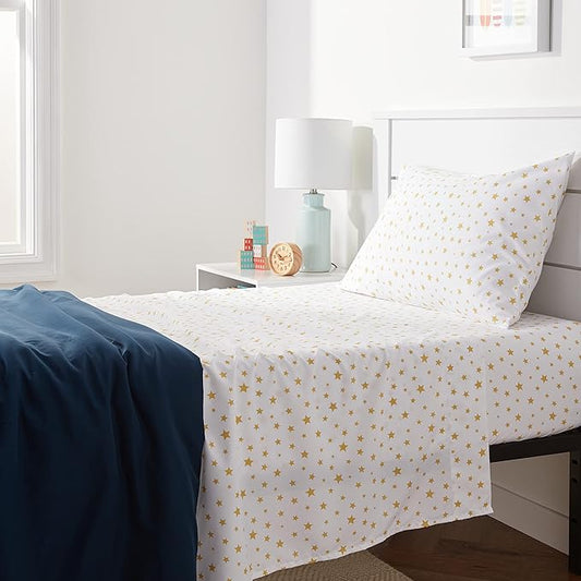 Amazon Basics Kid's Soft Easy-Wash Lightweight Microfiber 3-Piece Sheet Set, Toddler, Multi Color, Starry Stars