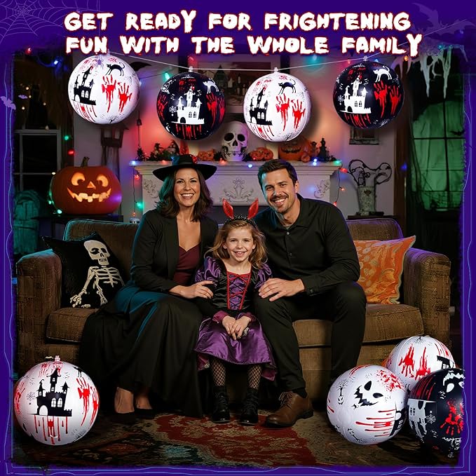 10 PCS 11.8 inch Hanging Halloween Decorations Ball Set, Inflatable Hanging Halloween Ornament Balls with Bloody Handprints, Haunted Castles, Creepy Faces, Black Cats and Pumpkin for Yard,Party Decor