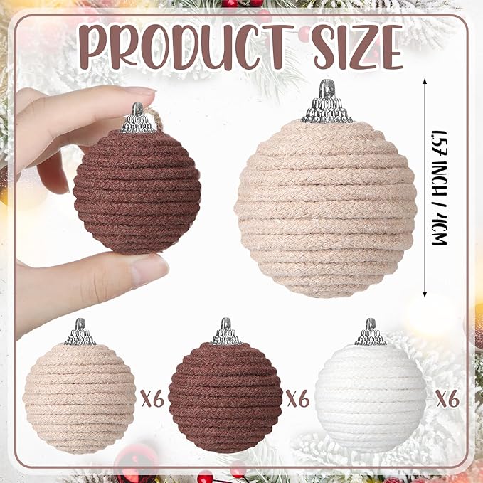 Syhood 18 Pcs 1.57 Inch Christmas Ball Ornaments Boho Farmhouse Jute Rope Hanging Balls Burlap Neutral Rustic Ornaments for Xmas Tree Holiday Wreath Garland Wedding Home