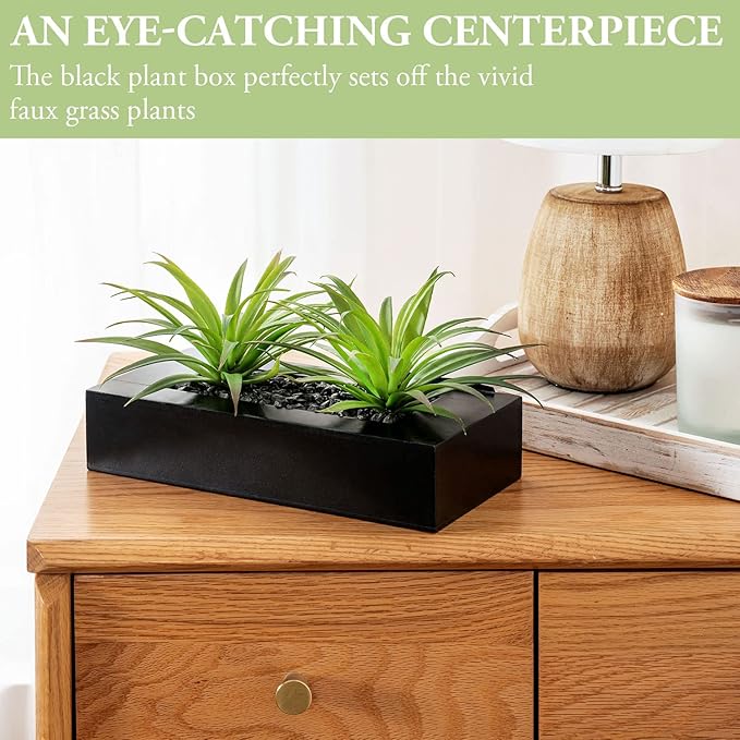 MyGift 10 Inch Fake Grass Artificial Plants in Rectangular Black Wood Planter - Faux Plants Indoor for Tabletop Centerpiece Décor