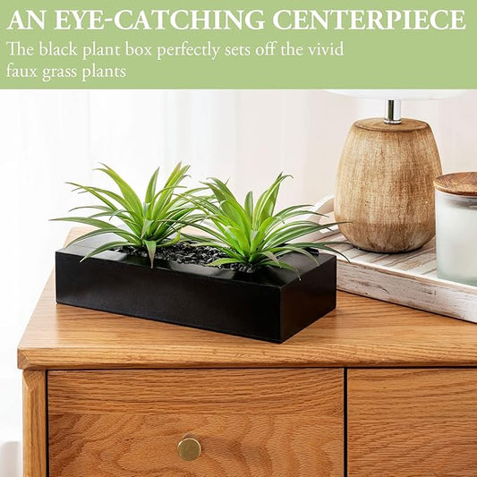 MyGift 10 Inch Fake Grass Artificial Plants in Rectangular Black Wood Planter - Faux Plants Indoor for Tabletop Centerpiece Décor
