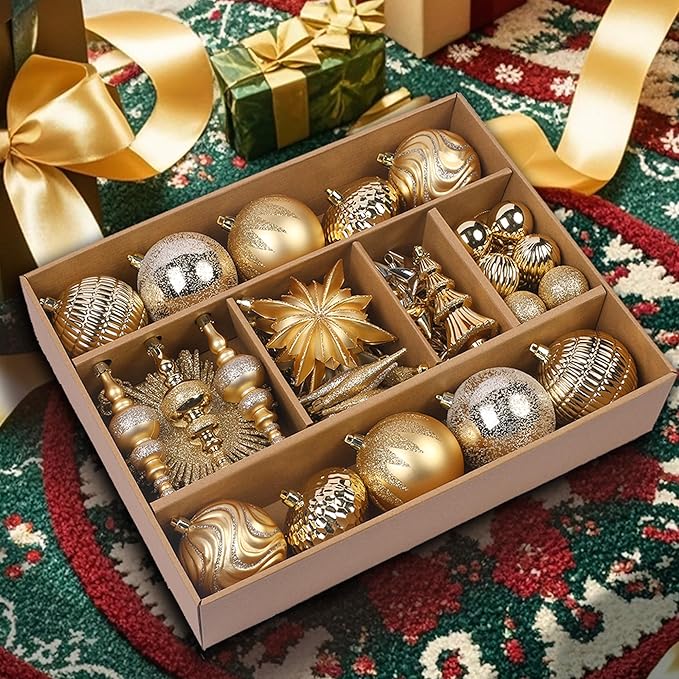 SHareconn 80pcs Christmas Balls Ornaments Set, Contemporary Light Luxury Gift Set, Shatterproof Plastic Decor for Xmas Tree Holiday Wedding Party Decorations with Hanging Strings, Dark and Light Gold