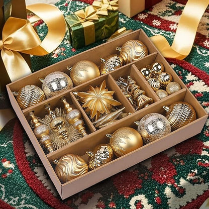 SHareconn 80pcs Christmas Balls Ornaments Set, Contemporary Light Luxury Gift Set, Shatterproof Plastic Decor for Xmas Tree Holiday Wedding Party Decorations with Hanging Strings, Dark and Light Gold