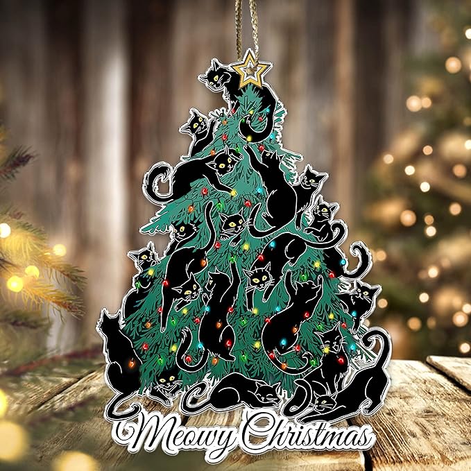 Black Cat Christmas Ornaments - Black Cat Xmas Decor Tree Hanging - 2024 Black Kitten Christmas Ornament (Meowy Christmas)
