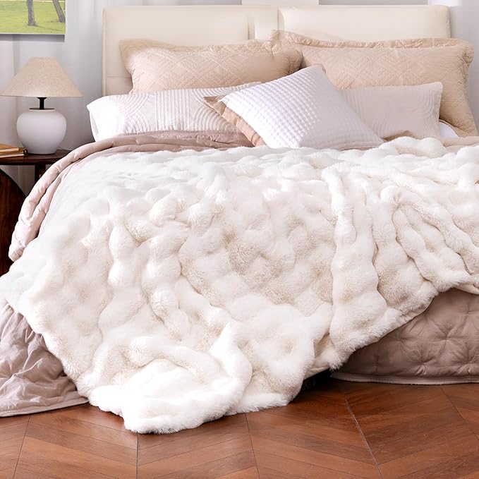 Ultra Soft Cozy Faux Fur Throw Blanket, Fuzzy Plush Thick Bubble Blanket, Oversize Luxury Fluffy Blanket for Couch, Bed, and Living Room, 60x80 Inches, Off White