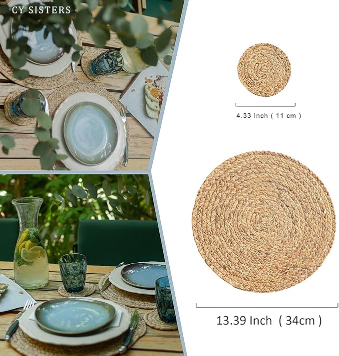 Round Woven Placemats Set of 6 with 6 Coasters Natural Water Hyacinth Place Mats, 13.5 Inch Rattan Placemats Wicker Farmhouse Boho Straw Heat Resistant Outdoor Placemats Patio Table Mats