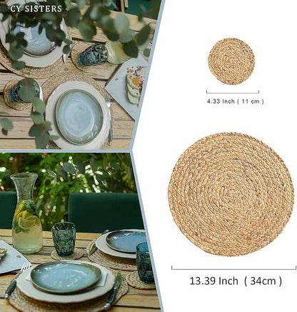 Round Woven Placemats Set of 6 with 6 Coasters Natural Water Hyacinth Place Mats, 13.5 Inch Rattan Placemats Wicker Farmhouse Boho Straw Heat Resistant Outdoor Placemats Patio Table Mats