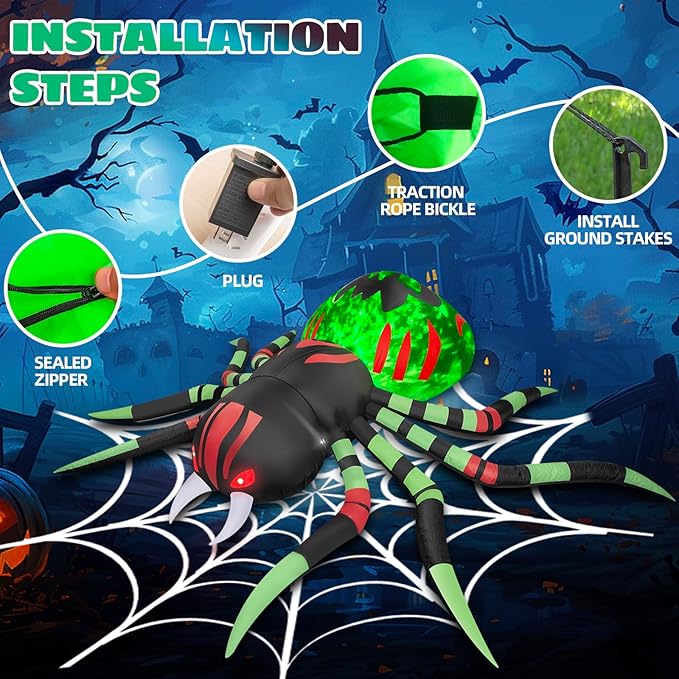 8FT Halloween Inflatables Spider Outdoor Decorations for Yard, Giant Blow up Green Spider with Rotating Fire Flame Light, Large Spooky Spider for Halloween Party Garden Lawn House Holiday Decor