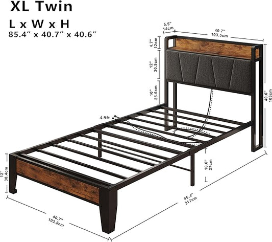 LIKIMIO Twin XL Bed Frames, Storage Headboard with Charging Station, Solid and Stable, Noise Free, No Box Spring Needed, Easy Assembly