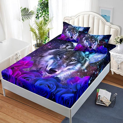 AILONEN Wolf Print Fitted Sheet Set Full Size, Moon Galaxy Wolf Bed Sheet Set Full,3 Pieces Full Romantic Blue Rose Wolf Fitted Sheet with 2 Pillowcases