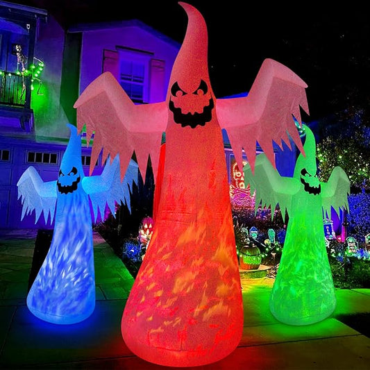 12FT Giant Halloween Inflatables Decorations Outdoor Ghost Built-in 3-Color Changing Rotating Flame LEDs Blow Up Yard Inflatables Halloween Large Scary Spooky for Outside Patio Lawn