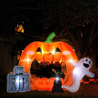 7FT Halloween Inflatable Pumpkin Photo Frame with Tombstone Black Cat White Ghost,Built-in LEDs for Halloween Blow Up Indoor Decor, Cute Fun Holiday/Party/Yard/Garden Fantasy Party Display