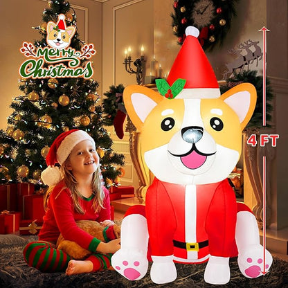 B&D 4FT Christmas Inflatables Dog Outdoor Decorations, Christmas Blow Up Corgi Dog with Built-in LED Lights Inflatable Xmas Decorations for Gifts Party Indoor Outdoor Yard Lawn Garden Decor