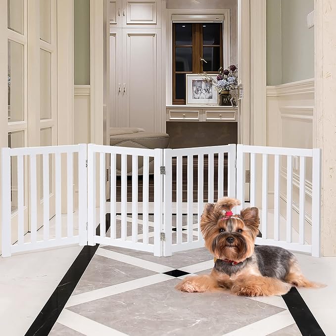 LZRS 4-Panel Wooden Free Standing Foldable Dog Gate – 24" High, Extra Wide Step-Over Safety Pet Gate for Doorways, Stairs, Hallways, Large Spaces & Playpen for Puppies Indoor Use, White