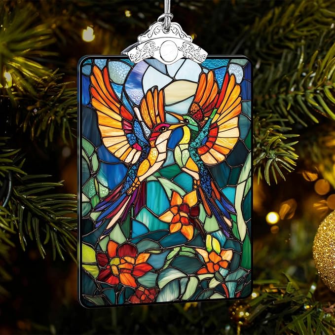 Birds Stained Glass Ornament, 2025 Christmas Tree Hanging Decoration for Gift Exchange or Stocking Stuffer, Holiday Decor, 3.8 x 2.4 Inch
