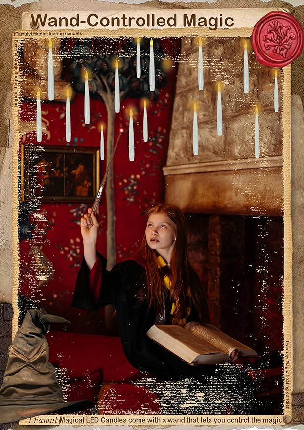 Halloween Decorations, 20 PCs Floating Candles with Wand, Magic Hanging Candles, Flickering Warm Light Flameless Floating LED Candle with Wand Remote, Battery Operated Taper Candle Set for Theme Party