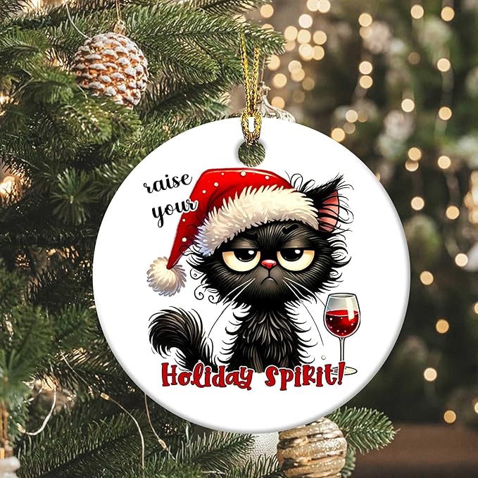 Christmas Black Cat Ornament Raise Your Holiday Spirit Round Ceramic Ornament Xmas Keepsake for Christmas Tree Winter Holiday Xmas Gift for Women Men Xmas Hanging Ornament 3"