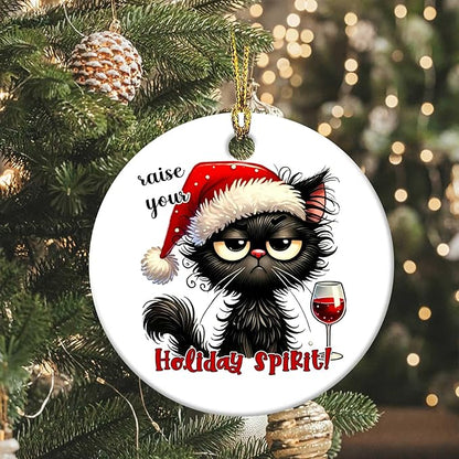Christmas Black Cat Ornament Raise Your Holiday Spirit Round Ceramic Ornament Xmas Keepsake for Christmas Tree Winter Holiday Xmas Gift for Women Men Xmas Hanging Ornament 3"