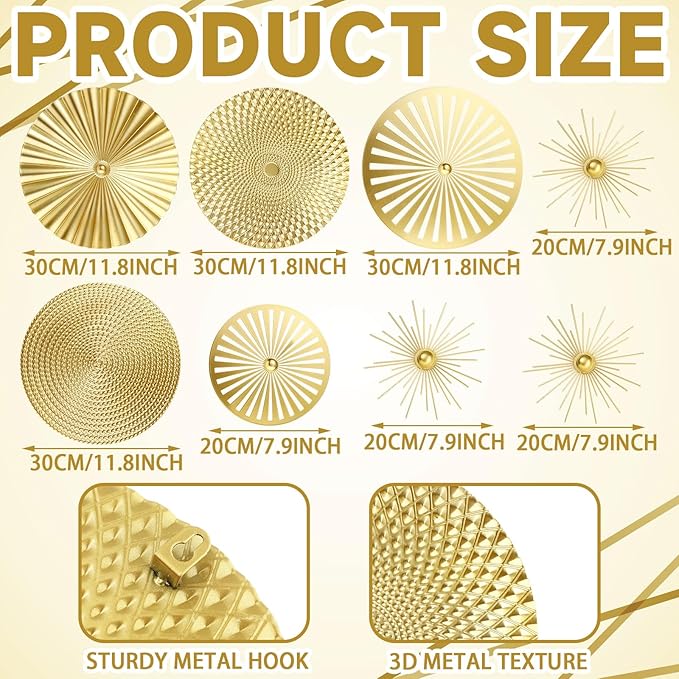 8 Pcs Gold Wall Decor Modern Metal Decor Metal Starbursts Radial Plate Art Hanging Decorative Wall Decorations for Home Bedroom Bathroom Living Room Office Sculpture(Gold)