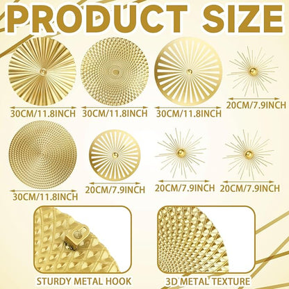8 Pcs Gold Wall Decor Modern Metal Decor Metal Starbursts Radial Plate Art Hanging Decorative Wall Decorations for Home Bedroom Bathroom Living Room Office Sculpture(Gold)