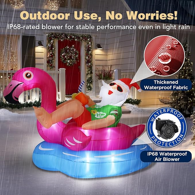 8 FT Hawaiian Santa on Flamingo Pool Float Christmas Inflatables Outdoor Decorations, Christmas Blow Up Santa Claus Yard Decorations for Garden Lawn Xmas Decor