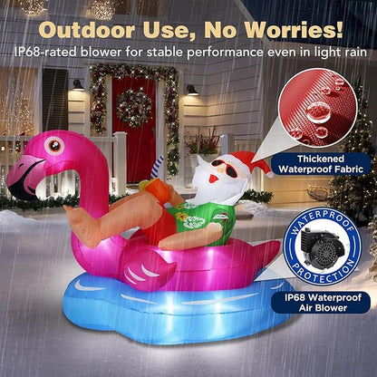 8 FT Hawaiian Santa on Flamingo Pool Float Christmas Inflatables Outdoor Decorations, Christmas Blow Up Santa Claus Yard Decorations for Garden Lawn Xmas Decor