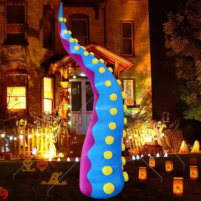 Juegoal 1 PCS Halloween Decorations 11.5FT Tall Inflatable Lighted Giant Octopus Tentacle, Octopus Legs with Lights, Halloween Front Door Window Roof Prop, Outdoor Holiday Blow up Decor - Mold C