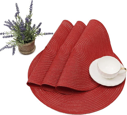 SHACOS Round Placemats Set of 6 Woven Braided Polyester 15 inch Circle Placemat for Dining Tables Kitchen Table Mats Washable for Christmas Home Wedding Party Table Decor (Red, 6)