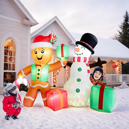 COOLWUFAN 6 FT Christmas Decorations Outdoor Inflatables Gingerbread Man Snowman Blow Up Yard Decor, Outdoor Inflatables Decorations with Rotating LED Light for Garden Patio Lawn Holiday Party Xmas