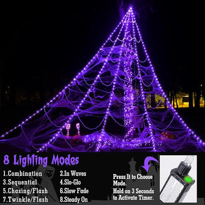 Halloween Spider Web Lights Decoration 250 LED Light up Spider Webs Halloween Decorations Outdoor with 59" Large Spider & 3.53 oz Stretch Cobweb 16.4 Ft Giant Web with 8 Modes (Purple)