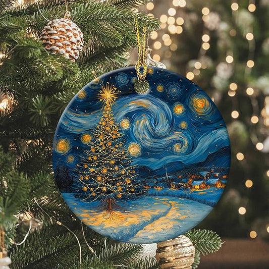 Starry Night Christmas Tree Ornaments Round Ceramic Ornament Christmas Keepsake Decor for Xmas Tree Winter Holiday Xmas Gift for Women Men Hanging Ornament 3"