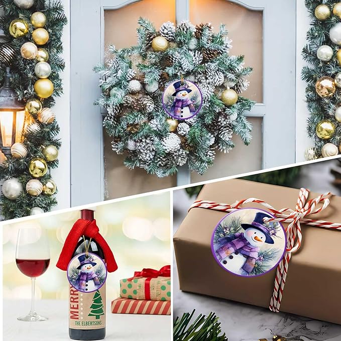 Snow Gentleman Ornaments Winter Holiday Round Ceramic Purple Hanging Ornament Christmas Keepsake Decor for Xmas Tree Winter Holiday Xmas Gift for Women Men 3"