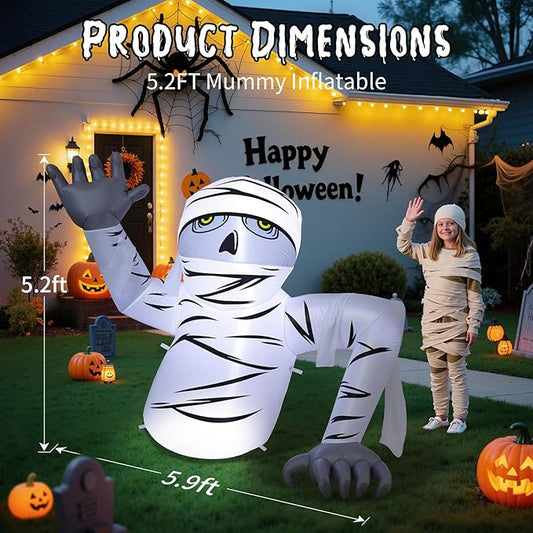Dawdix 5.2FT Halloween Inflatable Mummy Outdoor Decorations Blow Up Yard Mummy Rising from Ground Decoration with Built-in LEDs for Halloween Party Indoor Outdoor Yard Garden Lawn Decor