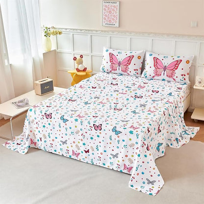 RYNGHIPY Girls Bed Sheets Full: Butterfly Sheets Set for Girls Kids Bedsheets Deep Pocket 100% Microfiber Print Sheet Pillowcase Sets (Multicolor,Full)