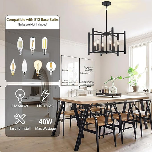 19.7'' Black Chandeliers 6-Light Modern Geometric Dining Room Chandelier Farmhouse Industrial Metal Pendant Light Fixture for Kitchen Living Room Entryway Foyer Hallway Bedroom