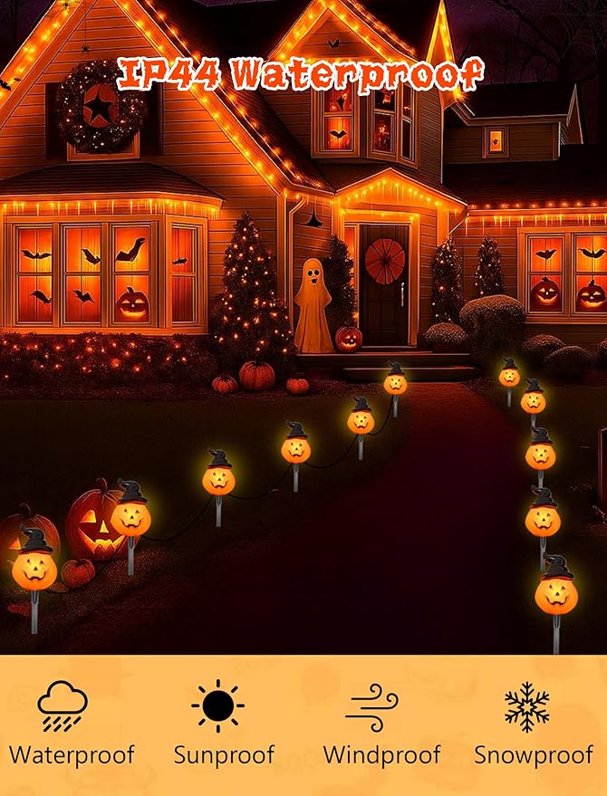 Halloween Pumpkin Pathway Lights Outdoor, 4PCS Jack O Lantern Pumpkin Light with Stake,Outdoor LED Walkway Lights Lights for Halloween Driveway Garden Yard Lawn Lights Decor