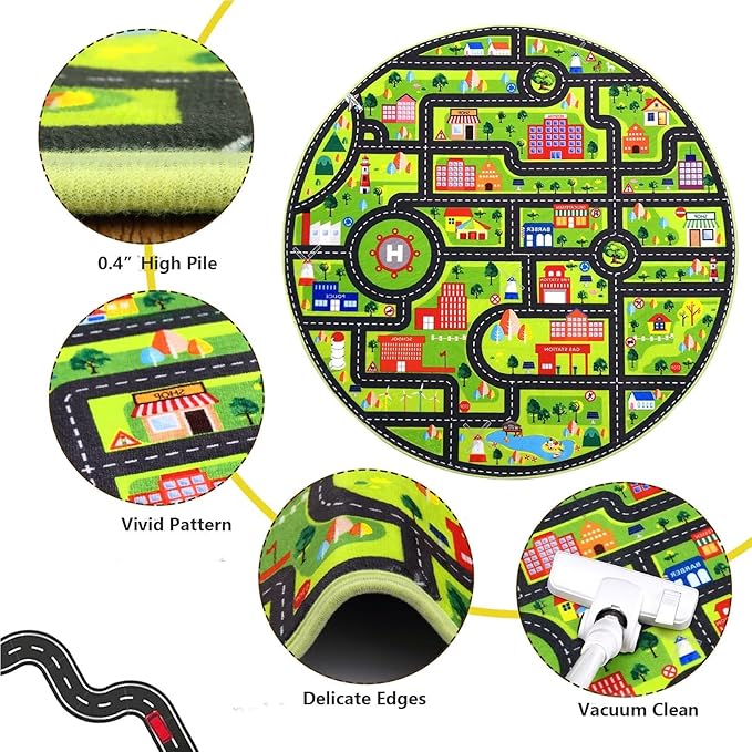 Round Kids Playmat, City Life Carpet Mat Toddler Classroom Kids Road and Traffic Carpet Non Slip Nursery Rug City Map Educational Rug for Bedroom Kids Boys Room, 4' x 4' Round, Black