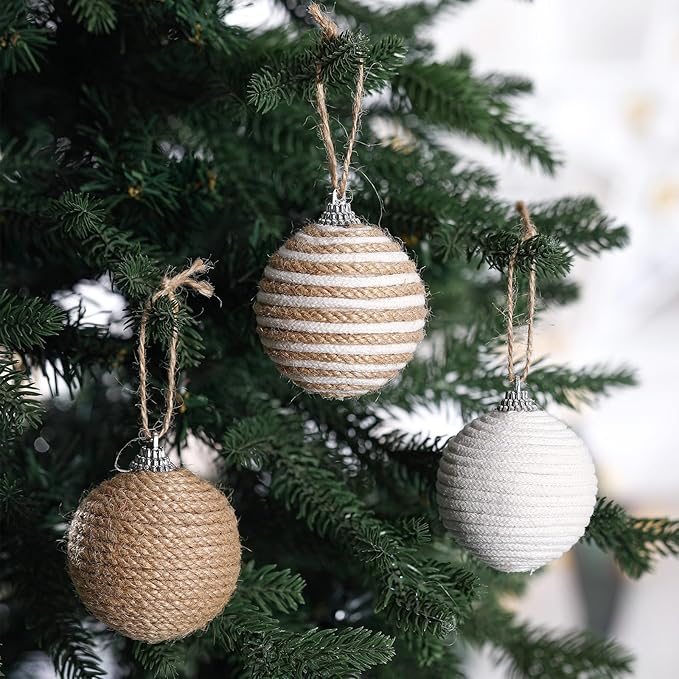 Syhood 9 Pcs 2.36 Inch Christmas Ball Ornaments Boho Farmhouse Jute Rope Hanging Balls Burlap Neutral Rustic Ornaments for Xmas Tree Holiday Wreath Garland Wedding Home(Linen, Cream White)