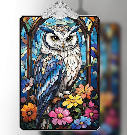 Owl and Wildflowers Stained Glass Ornament, 2025 Christmas Tree Hanging Decoration for Gift Exchange or Stocking Stuffer, Holiday Decor, 3.8 x 2.4 Inch