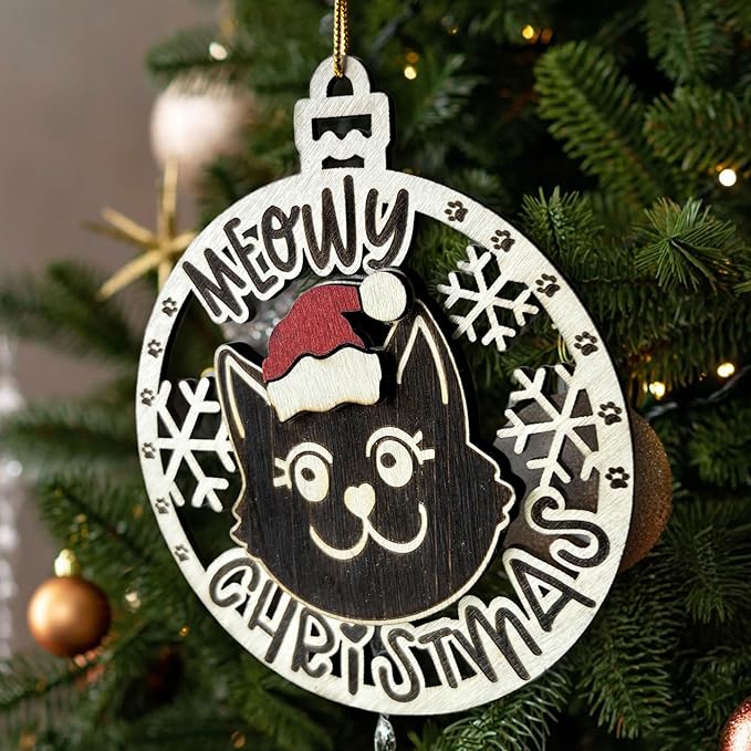 Black Cat Meowy Christmas Ornament - 2025 Christmas Tree Ornament for Black Kitten Enthusiasts - Cat Xmas Decor Tree Hanging Ornament- Cute Wooden Holiday Decoration
