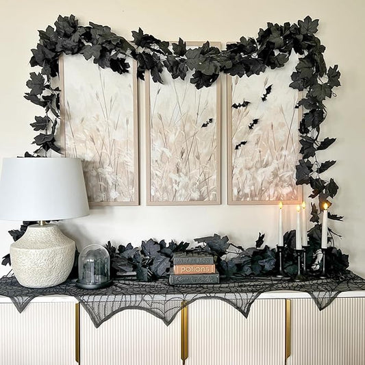 CQURE 3 Pack Black Fall Leaf Garland, Halloween Garland Hanging Vines Artificial Fall Maple Leaves Thanksgiving Decor for Home Wedding Fireplace Party